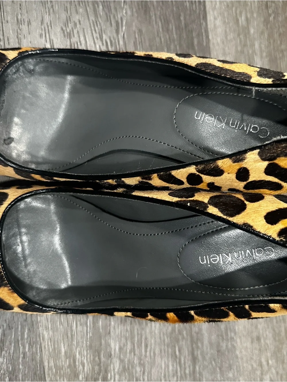 Calvin Klein Leopard Print Wedge Pumps - Black & Tan Size 6.5 real calfskin